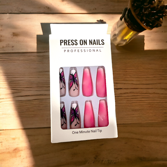 "Pink Butterfly Dream Press-On Nails - Complete Prep Kit Included"