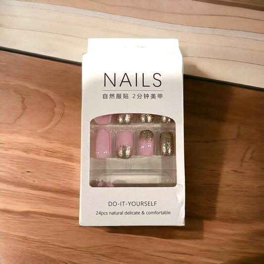 "Pink & Gold Glitter Ombre Press-On Nail Set - Complete with Nail Prep Kit"