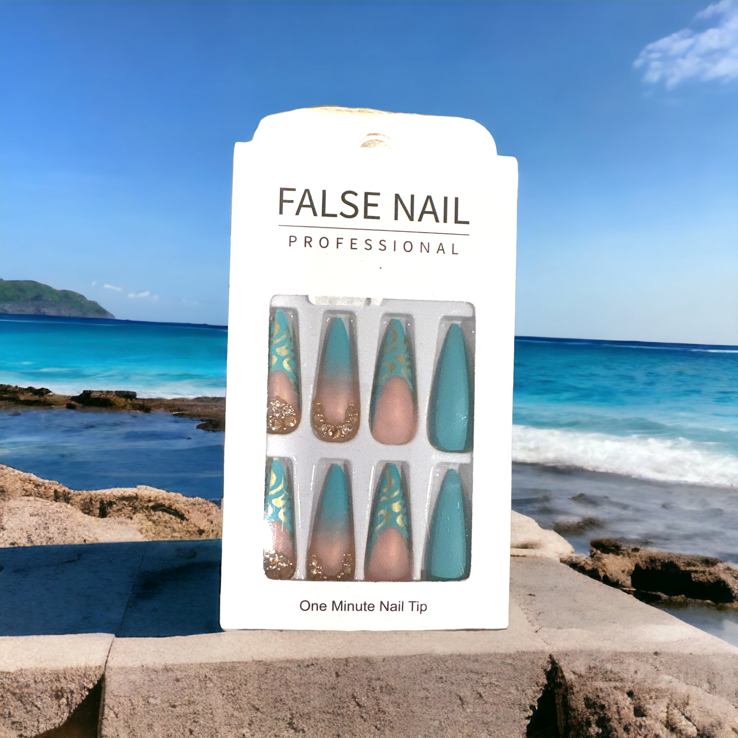 Tropical Oasis Press-On Nail Set – Teal & Gold Leaf Design