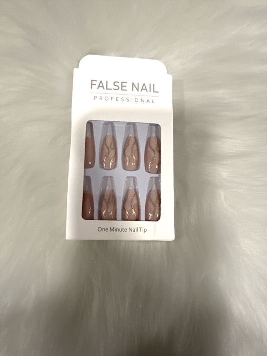 "Elegant Nude & Gold Swirl Press-On Nail Set - Includes Full Nail Prep Kit"