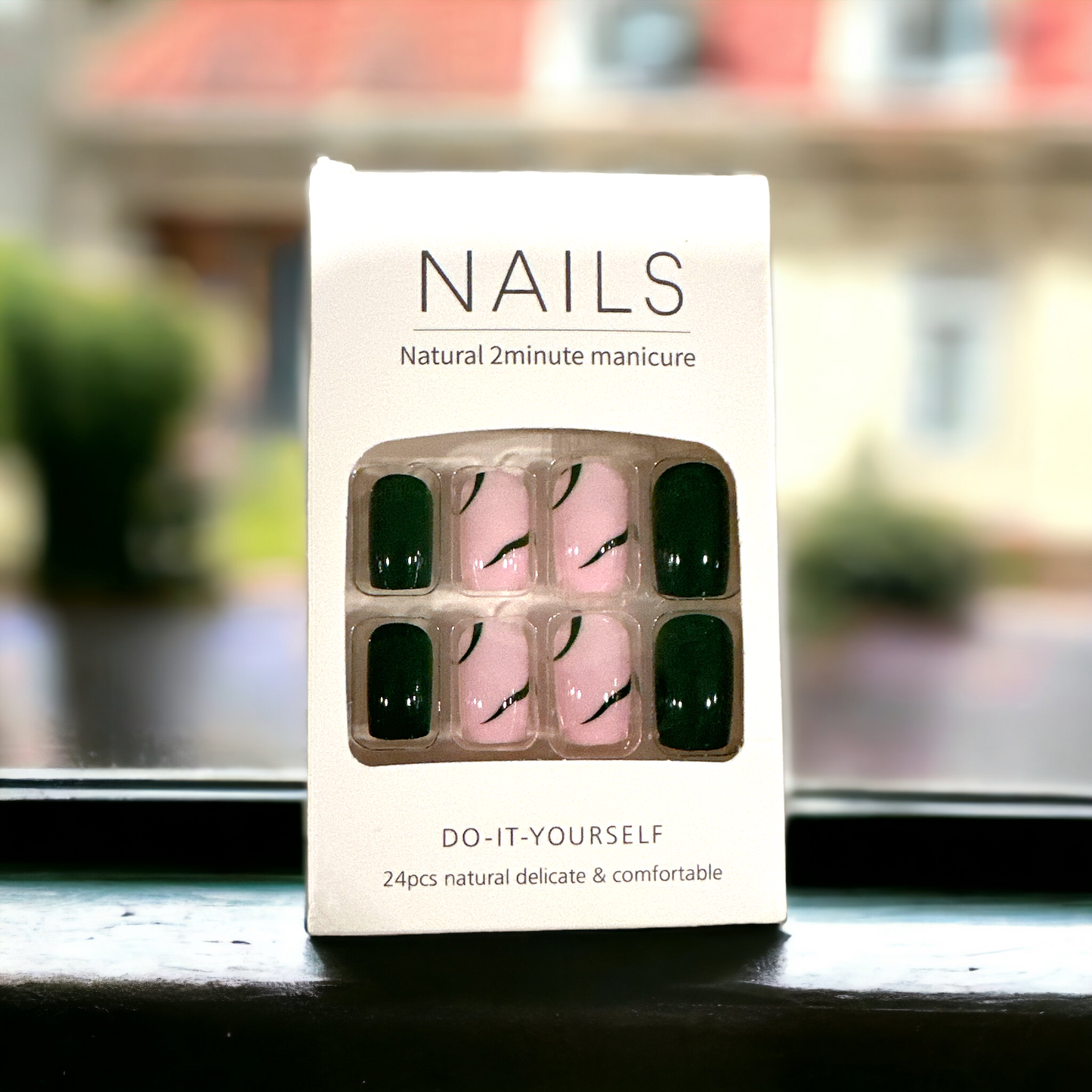 "Blush and Forest Green Press-On Nail Set – Elegant Minimalist Design"