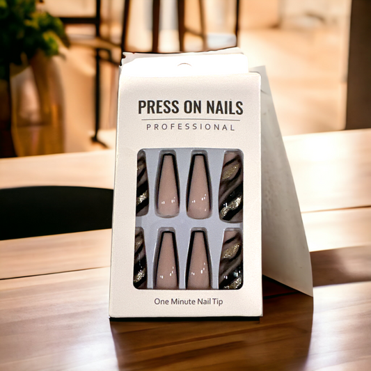 "Zebra Print Glam Nude Press-On Nails – 24 Pcs"