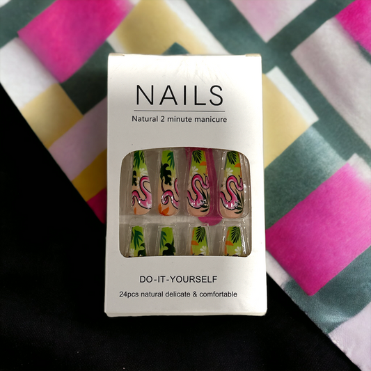 Tropical Flamingo Paradise Press-On Nails – Vibrant Palm & Flamingo Design