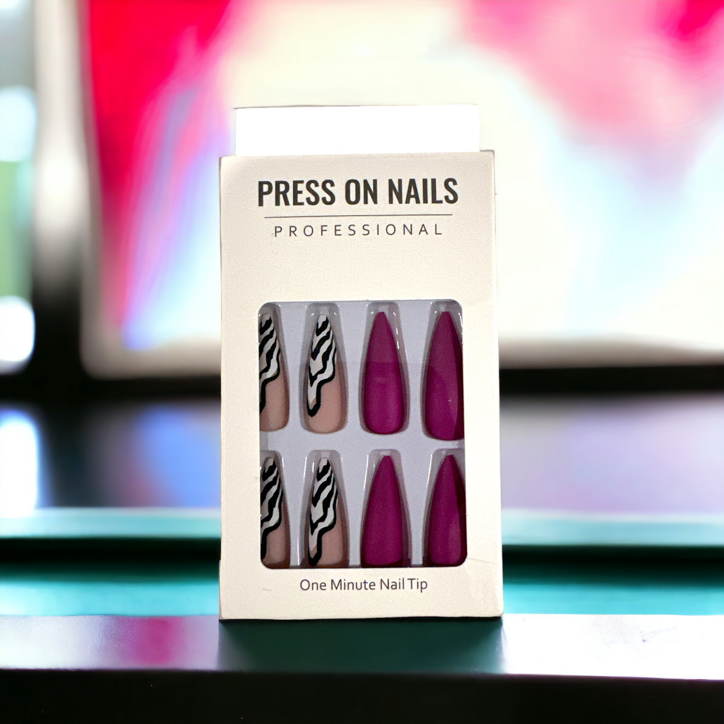 "Bold Zebra & Berry Press-On Nail Set – 24 Pieces"