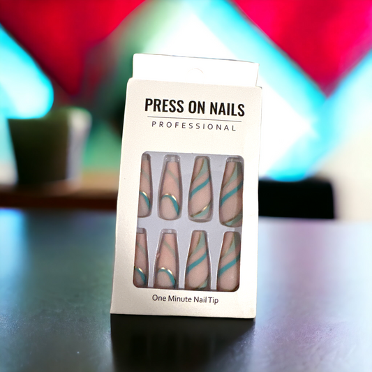 "Teal & Gold Swirl Press-On Nails – 24 Pcs"