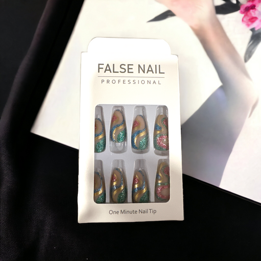 Sparkling Waves Glitter Press-On Nails – Gold, Green & Pink Accents