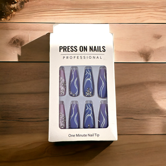 "Royal Blue Swirl Press-On Nails with Rhinestone Accents - 24 Nails + Complete Prep Kit"