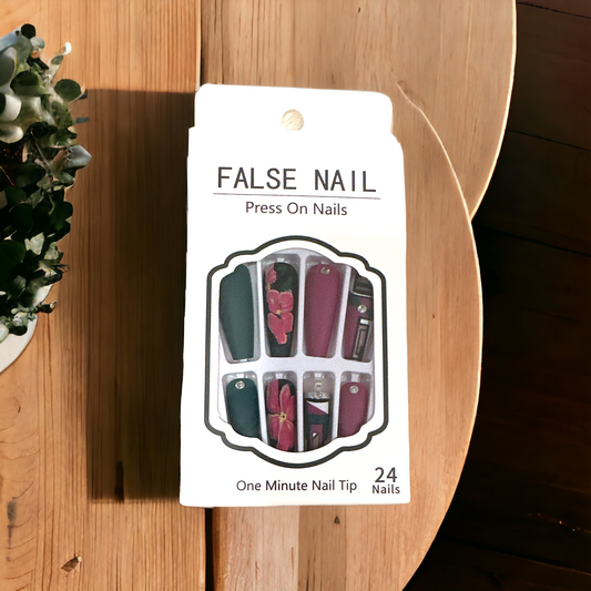 "Floral and Geometric Press-On Nails - Deep Green and Burgundy Set (24 Nails)"