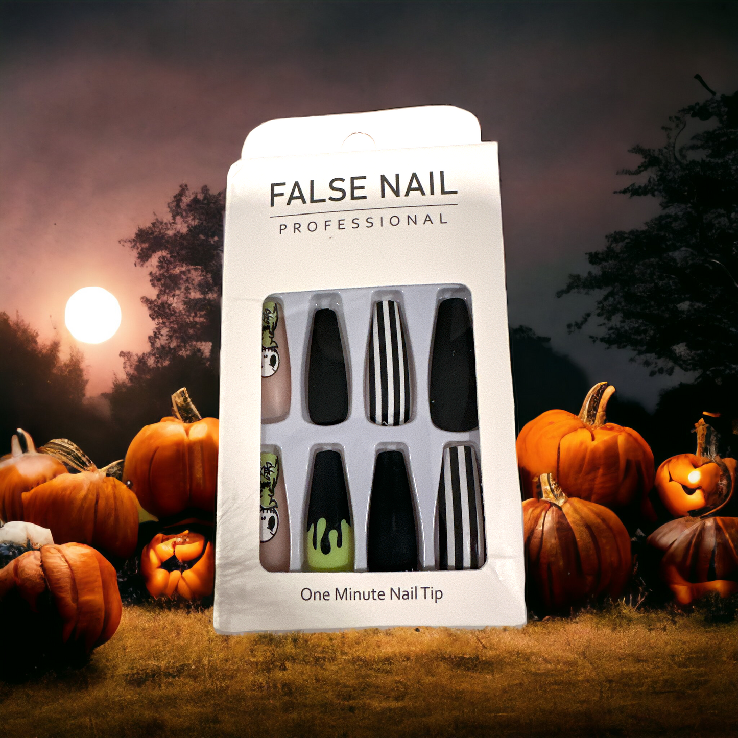 "Spooky Halloween Press-On Nails - Striped & Green Drip Design (24 Nails)"