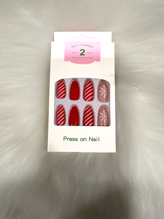 "Holiday Cheer Press-On Nail Set – Candy Cane & Snowflake Design"