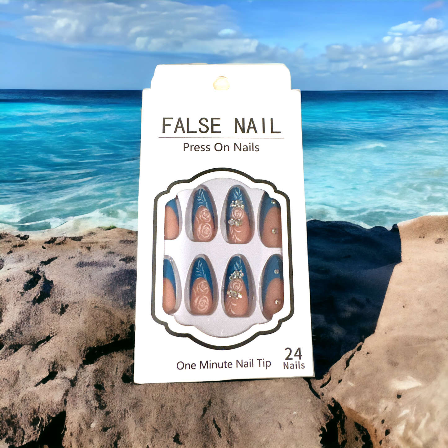 Tropical Ocean Press-On Nail Set – Blue & Nude Floral Accent Nails