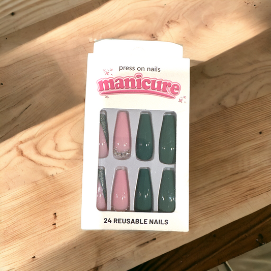 Pink & Green Glam Reusable Press-On Nail Set – Chic & Stylish