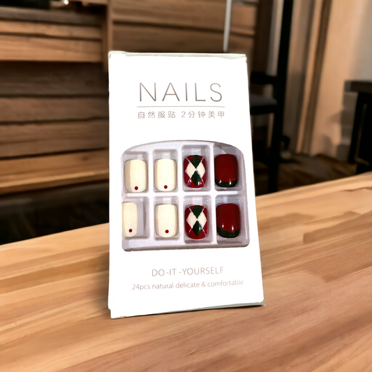 "Argyle Red & Cream Press-On Nail Set - 24 Nails with Prep Kit"