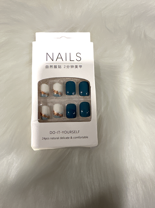 "Teal and Gold Accent Press-On Nail Set - Includes Full Prep Kit"