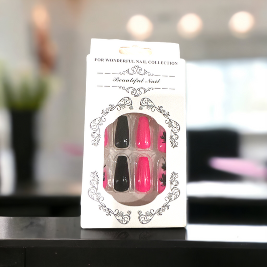 Bold Pink & Black Palm Tree Press-On Nails – Tropical Vibe Collection