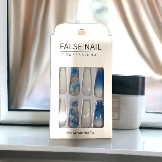 Ocean Breeze Marble Press-On Nail Set – Elegant Blue & White Design